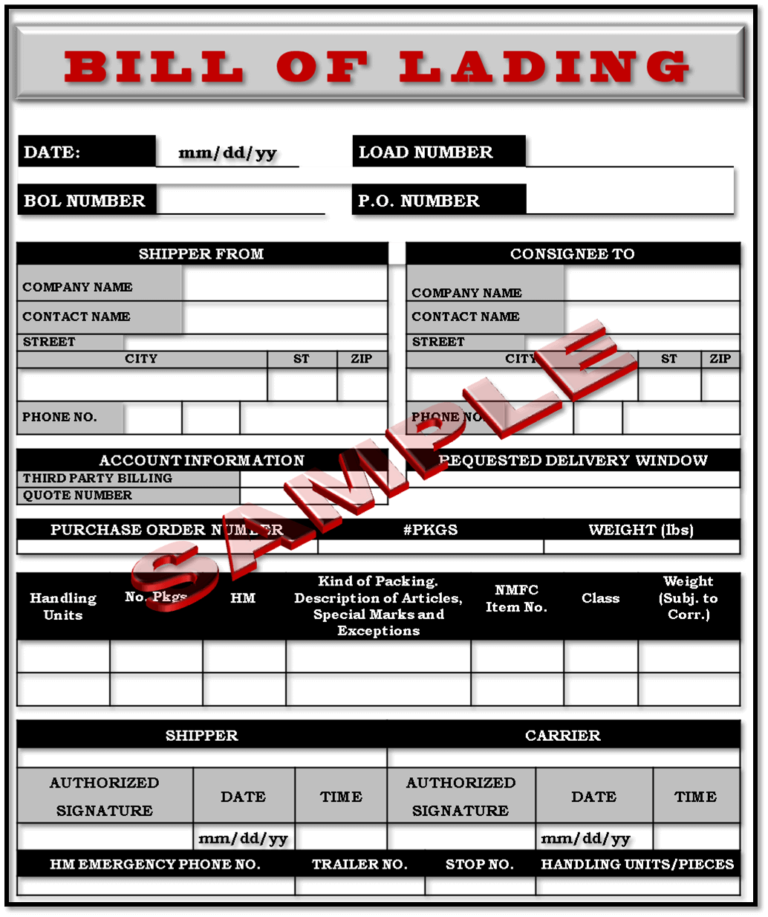 Sample bill of lading